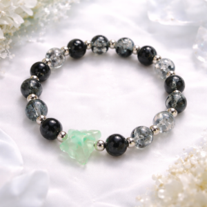 Black and grey beaded bracelet for women with green leaf charm by Sawi Jewellery