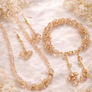 Golden crystal jewelry set for women including necklace, earrings and bracelet by Sawi Jewellery